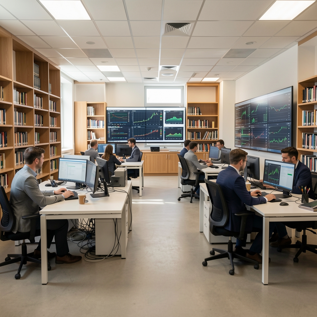 Interior de la oficina de Falbrent en Buenos Aires con analistas trabajando en espacios de investigación con bibliotecas y pantallas de datos