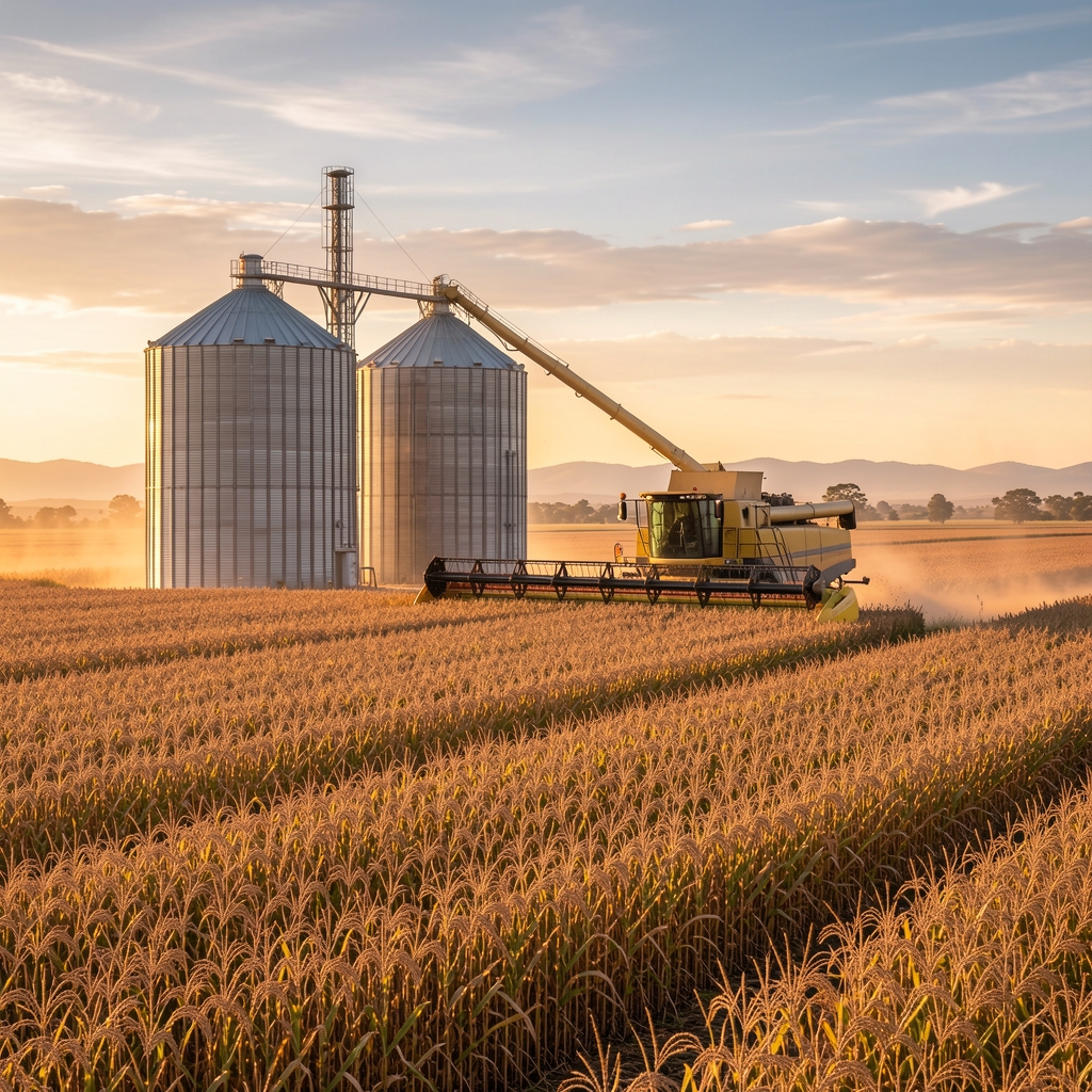 Silos de almacenamiento de granos y cosechadora en plena faena en la pampa húmeda argentina, amanecer sobre cultivos de soja con tonalidades doradas