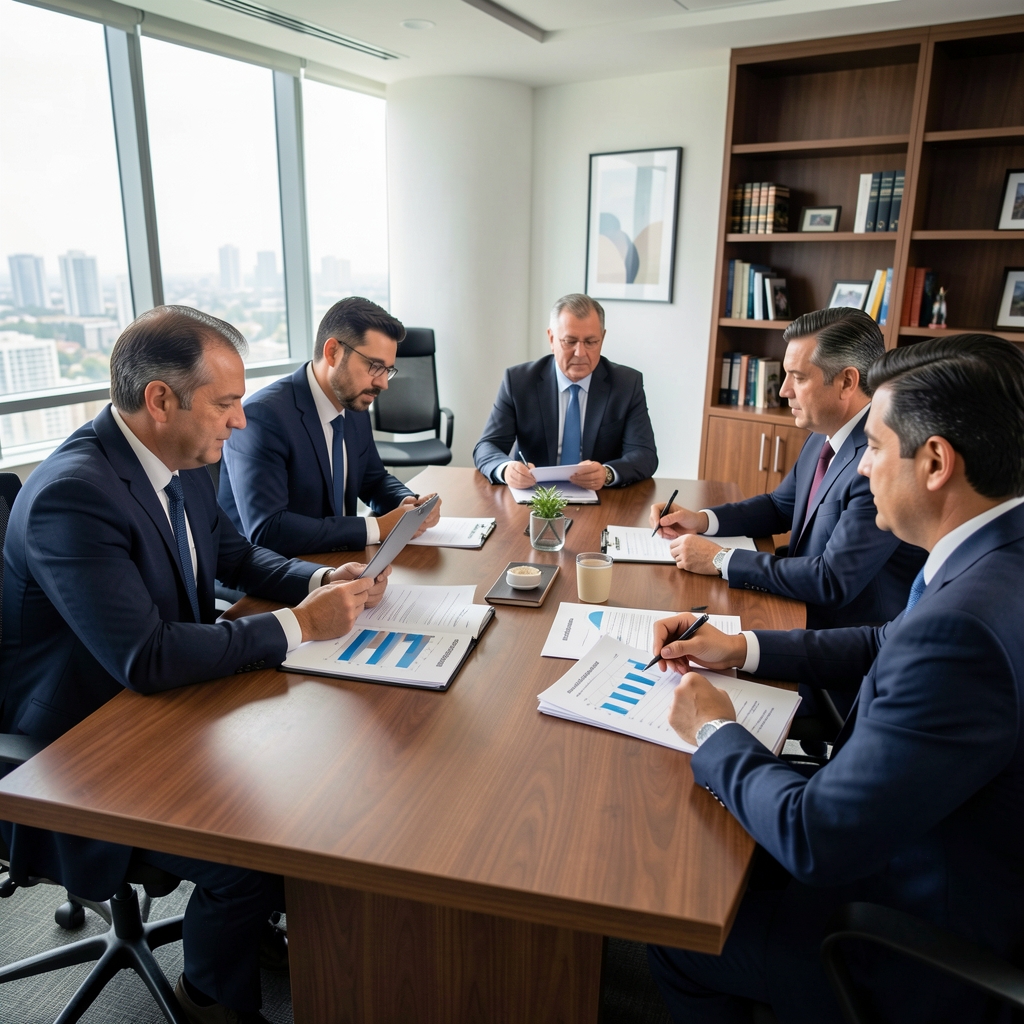 Mesa de sala de directorio corporativo con ejecutivos argentinos revisando reportes financieros y documentos de estrategia empresarial