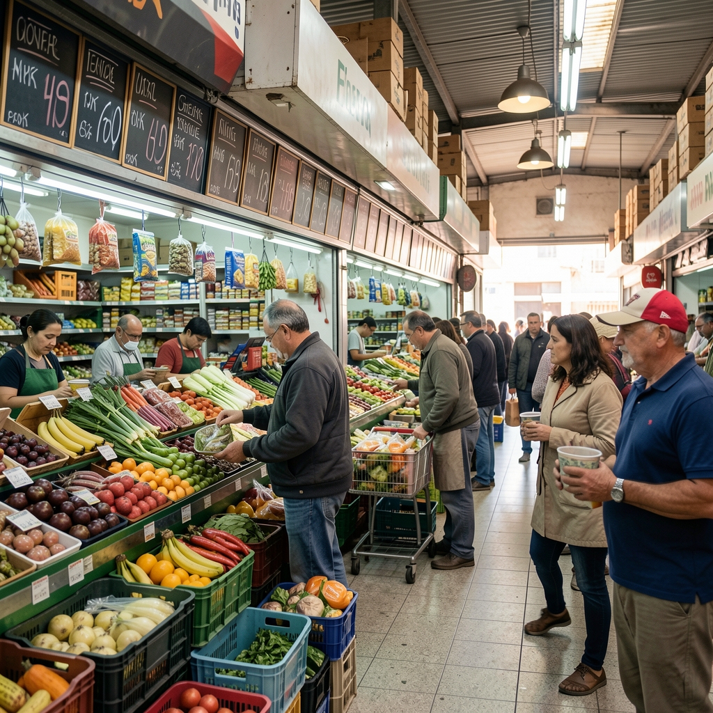 Mercado de abastos en Buenos Aires con comerciantes y clientes junto a pizarras de precios, mostrando el impacto de la inflación en el comercio minorista cotidiano