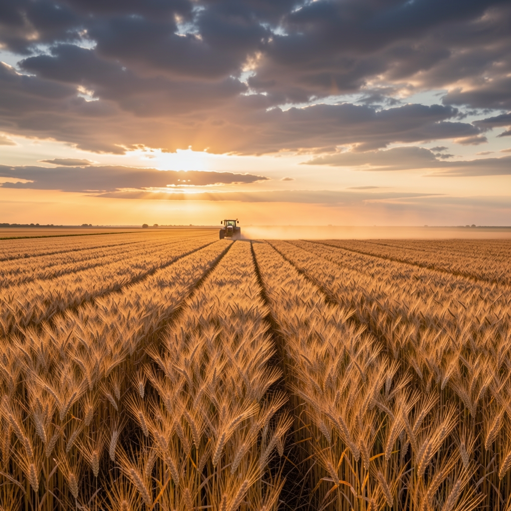 Golden wheat and soybean fields in Argentine Pampas at golden hour, tractor working in the distance with dust trail, vast flat agricultural landscape under dramatic sky