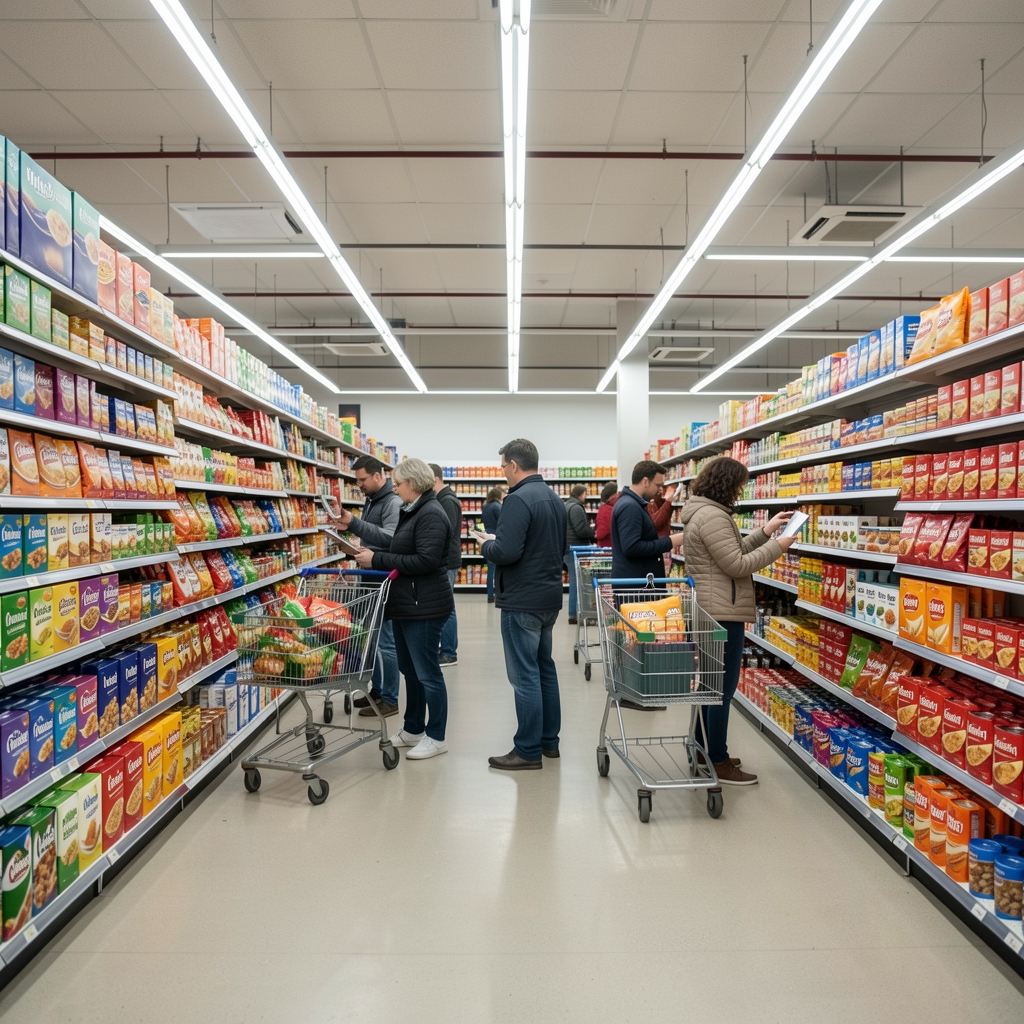 Busy Argentine supermarket aisle interior with shoppers comparing products, well-stocked shelves with branded goods, fluorescent lighting and shopping carts in a modern retail environment
