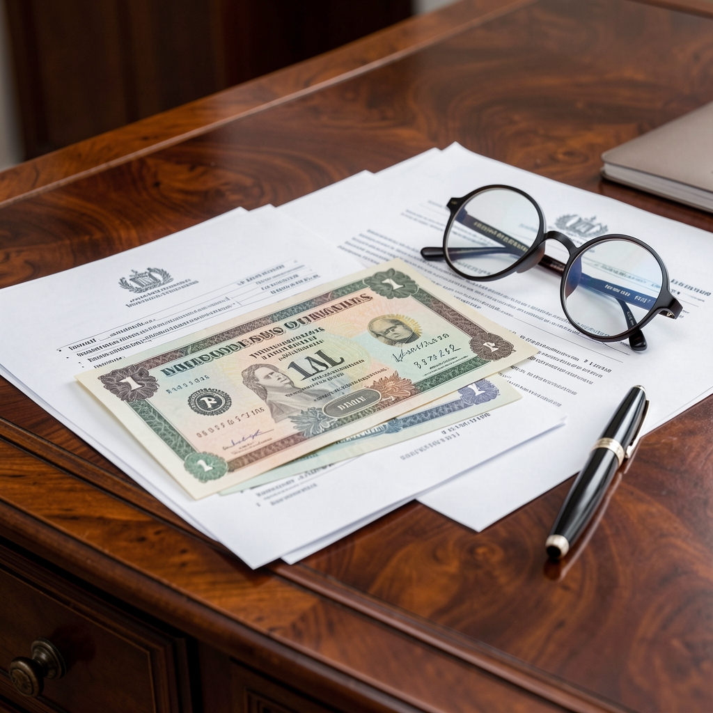 Close-up of Argentine government bond certificates and financial documents on a formal mahogany desk, pen and reading glasses beside official financial paperwork