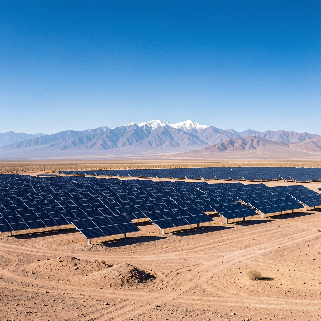 Solar energy farm in the Argentine Puna desert at high altitude, rows of photovoltaic panels against clear blue sky with distant Andean mountains and dry plateau landscape