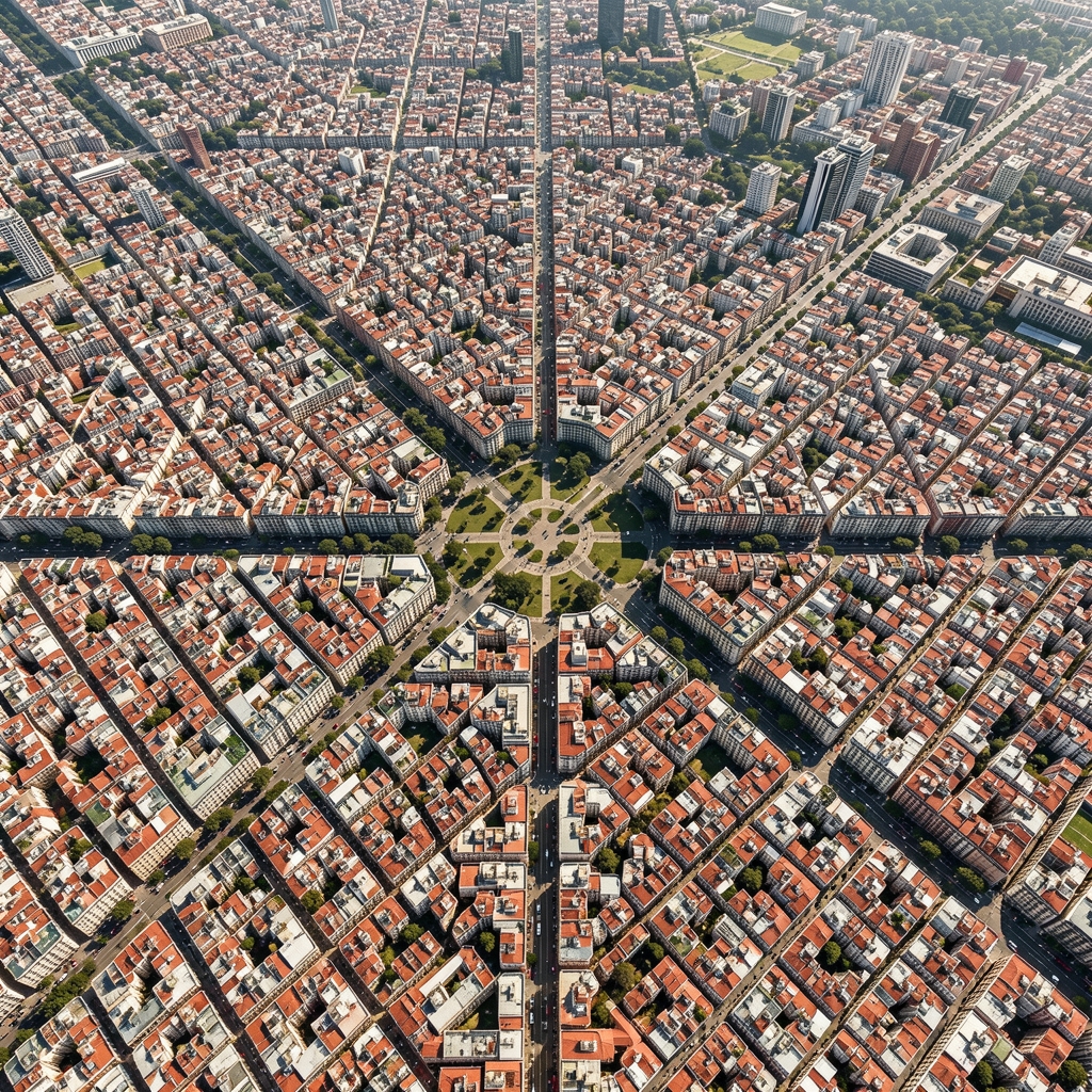 Abstract overhead aerial photograph of Buenos Aires city grid showing dense urban block structure, wide avenues and green plaza intersections in Recoleta and Palermo districts