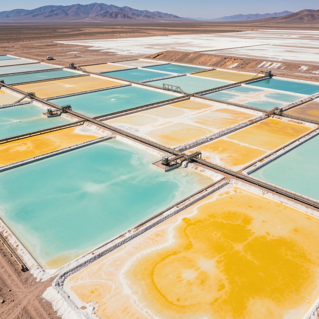 Evaporation pools at Salar de Atacama lithium brine extraction operation in Argentina, turquoise and yellow geometric salt flat pools photographed from above