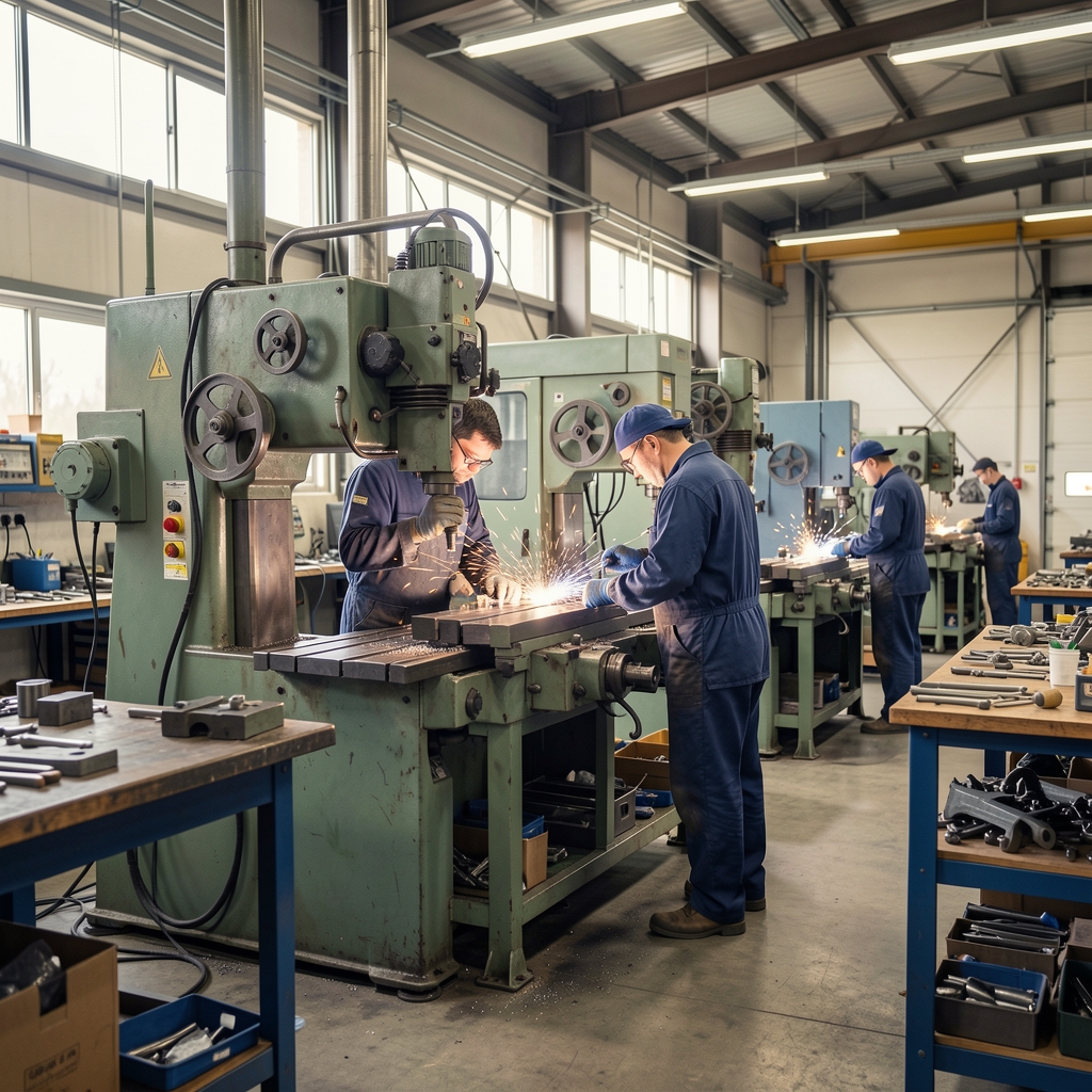 Small Argentine manufacturing workshop interior showing metalworking machinery and skilled workers assembling components, industrial SME environment with organized workspace
