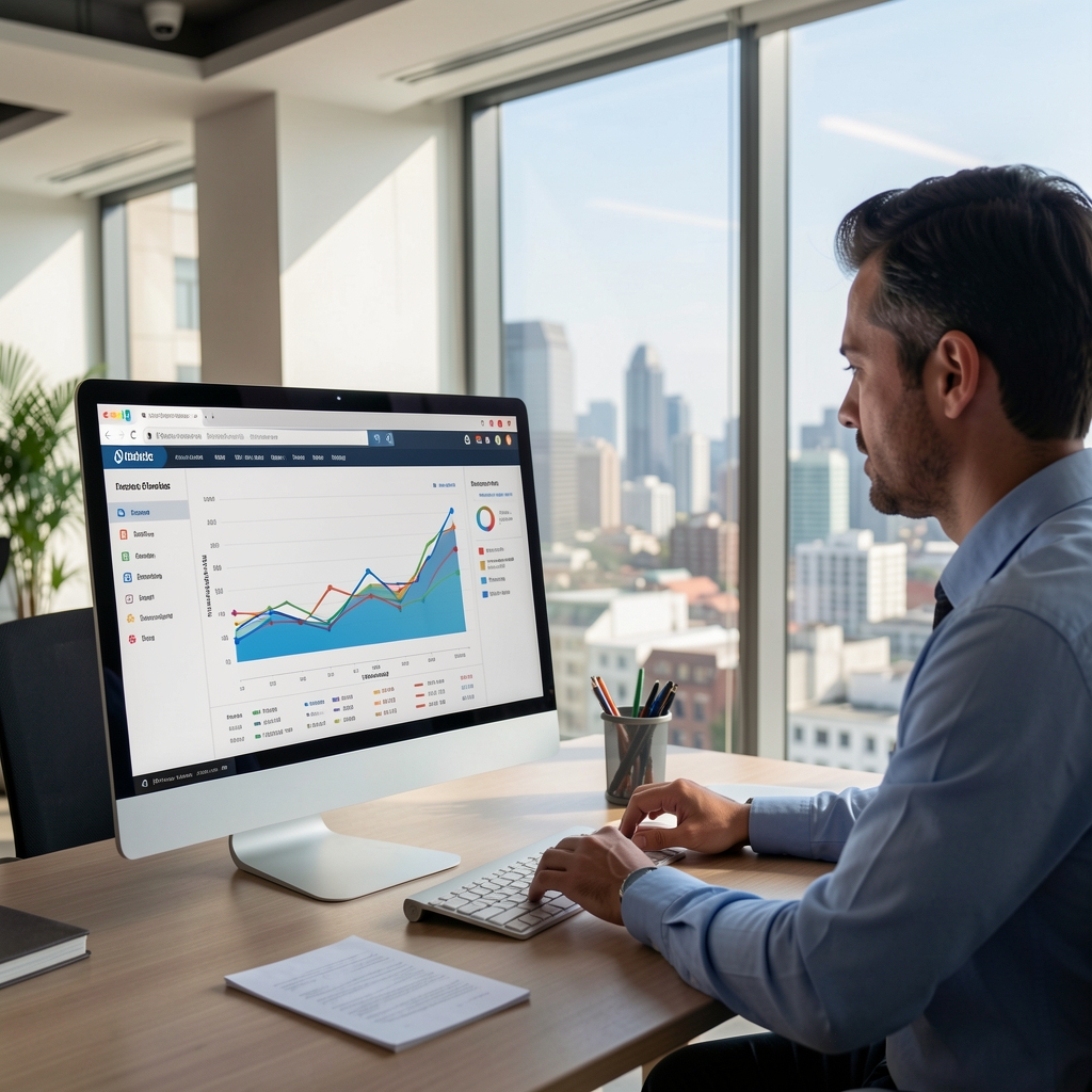 Analista revisando gráficos de tendencias de mercado latinoamericano en pantalla de computadora en oficina moderna de Buenos Aires con vista a la ciudad