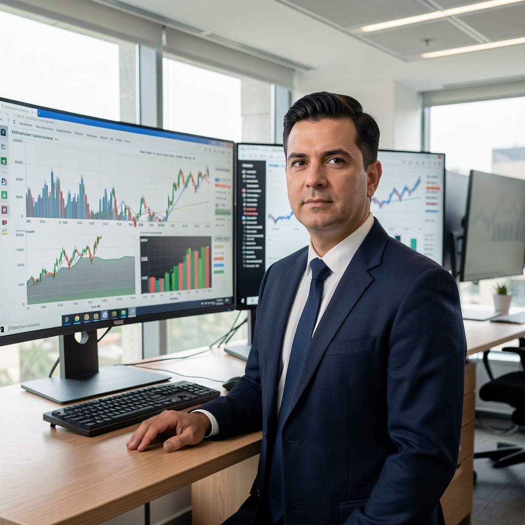 Analista económico frente a pantallas con gráficos de series de tiempo de inflación y datos macroeconómicos de Argentina, oficina moderna en Buenos Aires