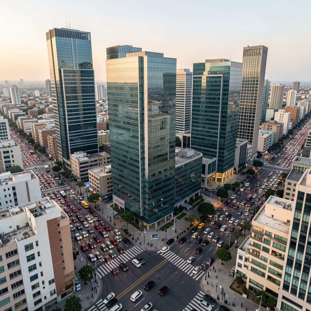 Vista aérea del centro financiero de Buenos Aires con edificios corporativos modernos y flujo de tráfico intenso representando la actividad económica urbana