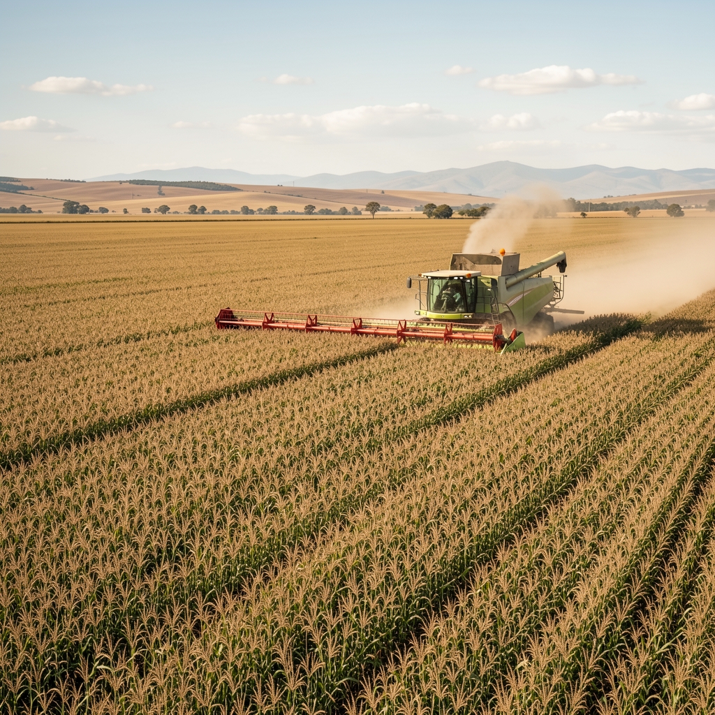 Campo de soja en la pampa argentina con maquinaria agrícola cosechando durante la temporada, representando el sector agropecuario exportador
