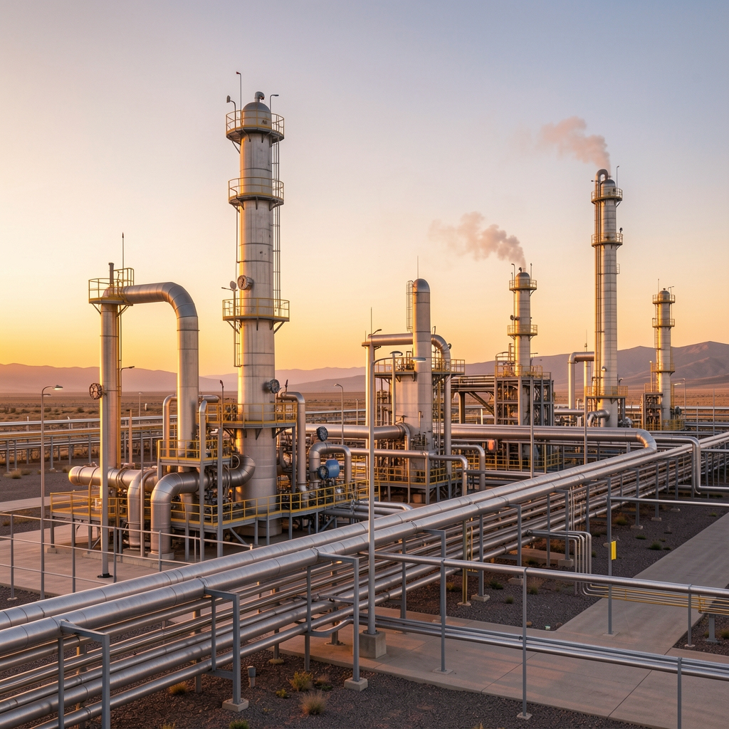 Planta de procesamiento de gas natural en Vaca Muerta Neuquén Argentina con infraestructura de tuberías y torres industriales al atardecer
