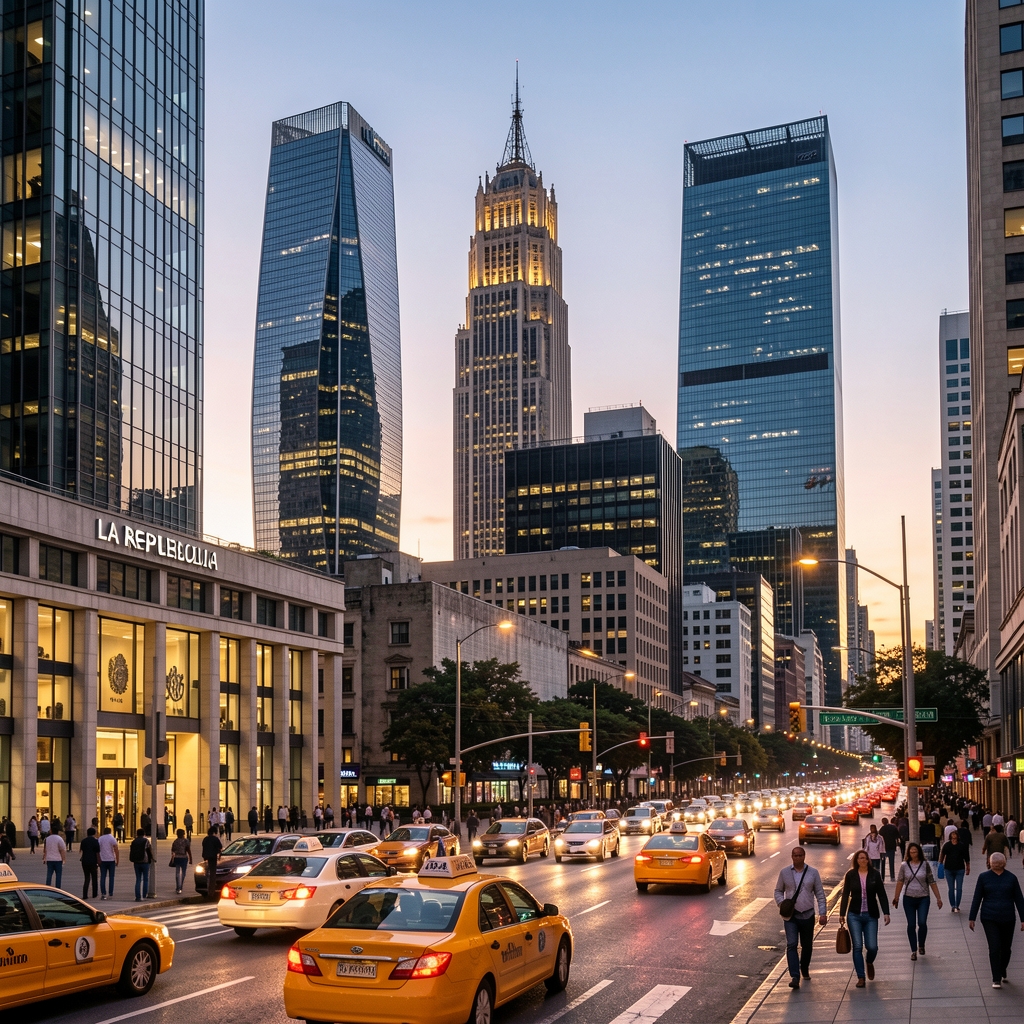 Buenos Aires financial district skyline at dusk with modern skyscrapers, Banco Central de la República Argentina building facade, busy street with taxis and pedestrians
