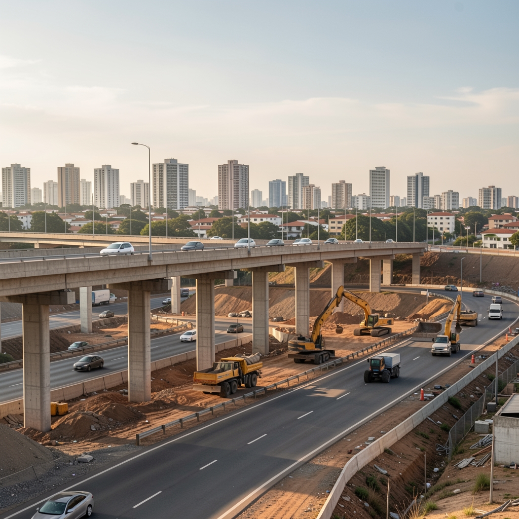 Construction of a major highway interchange in the Greater Buenos Aires metropolitan area, concrete overpasses and heavy machinery with urban cityscape in background