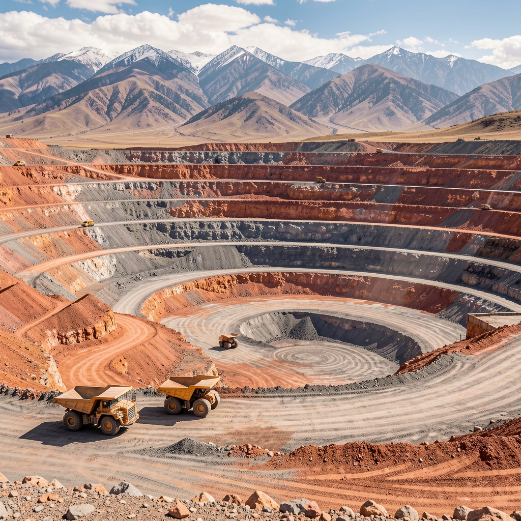 Large open-pit copper and lithium mining operation in the Puna highlands of northwest Argentina, mining trucks and terraced excavations against dramatic Andean backdrop