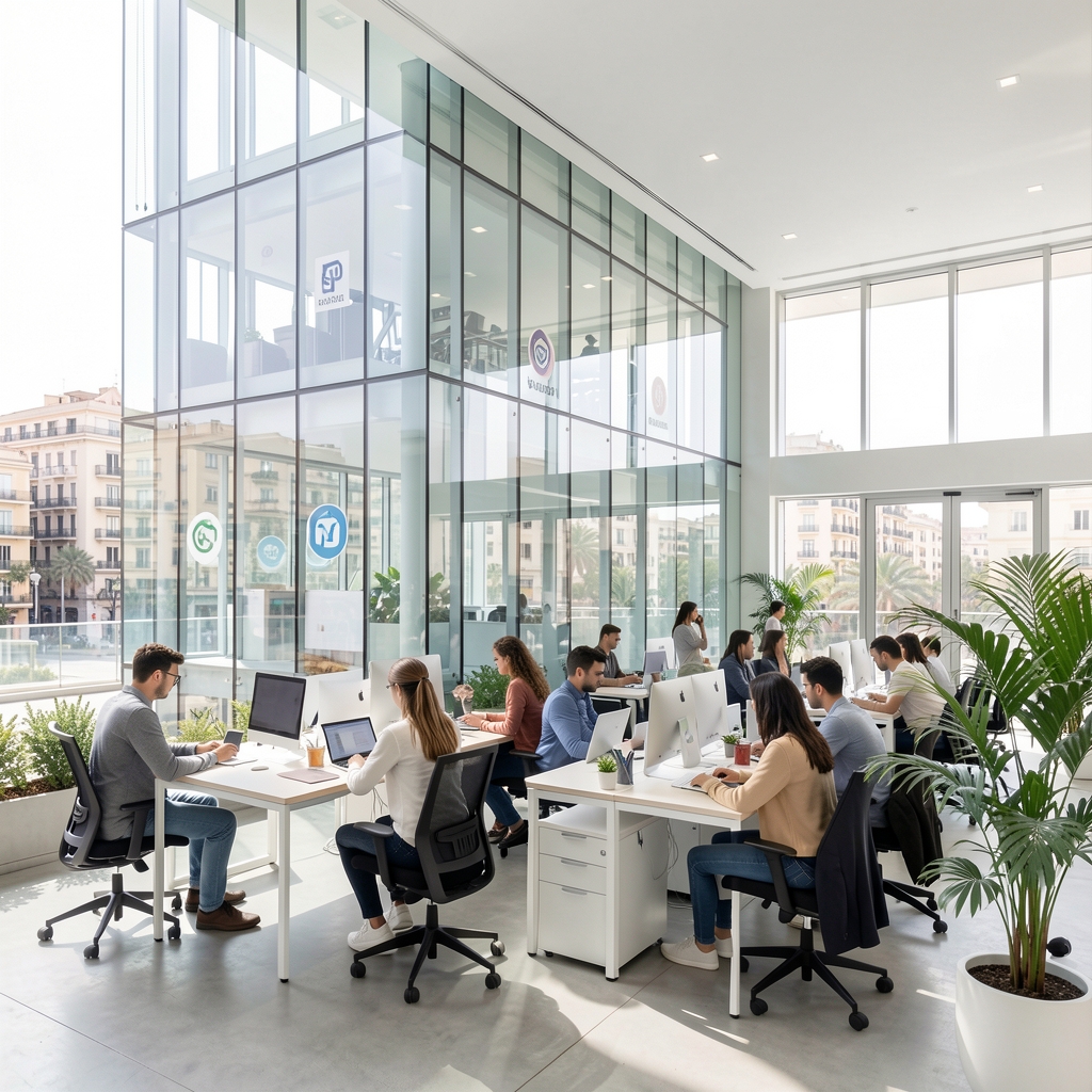 Modern glass office building in Buenos Aires Palermo technology district with startup logos visible, young professionals working in open collaborative workspace