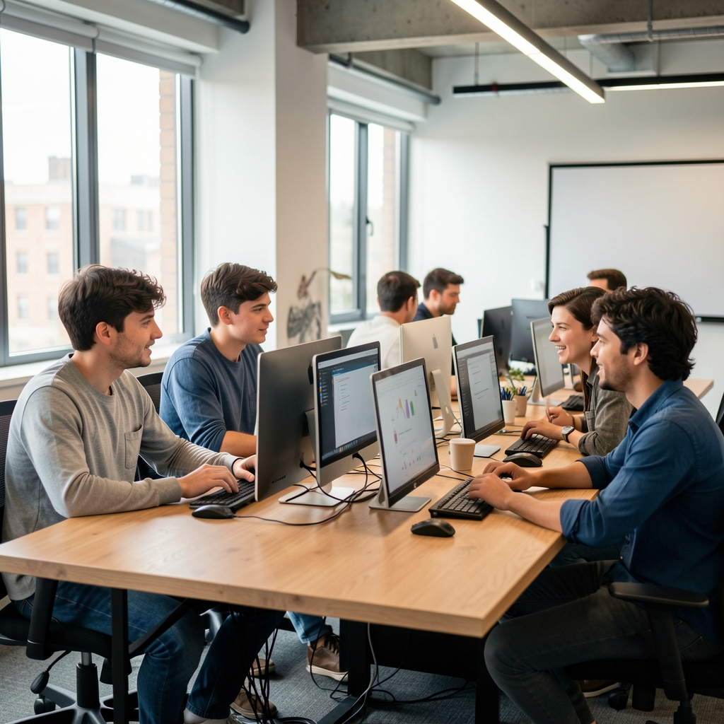 Espacio de trabajo colaborativo de startup tecnológica en Buenos Aires con equipos de profesionales jóvenes trabajando en computadoras y discutiendo estrategia