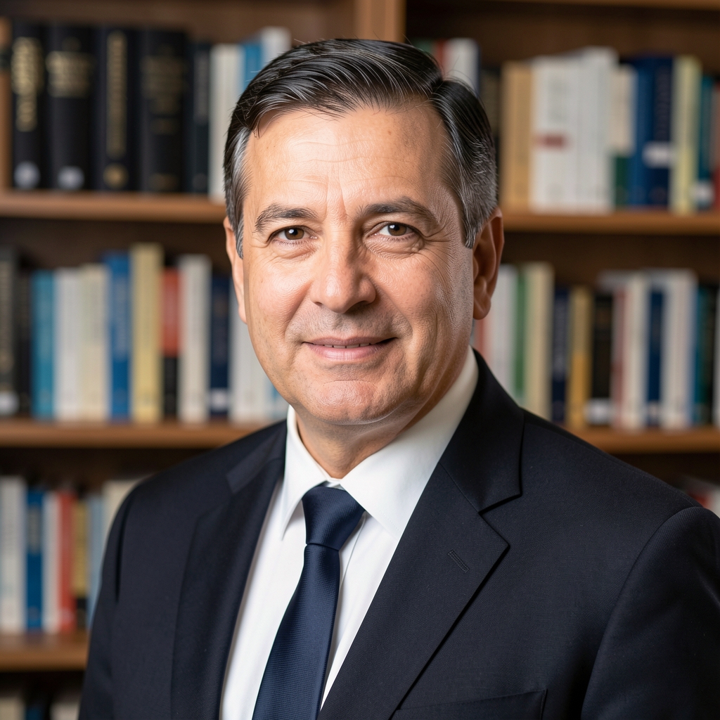 Retrato profesional de economista argentino de mediana edad, traje oscuro, fondo de biblioteca con libros de economía y finanzas