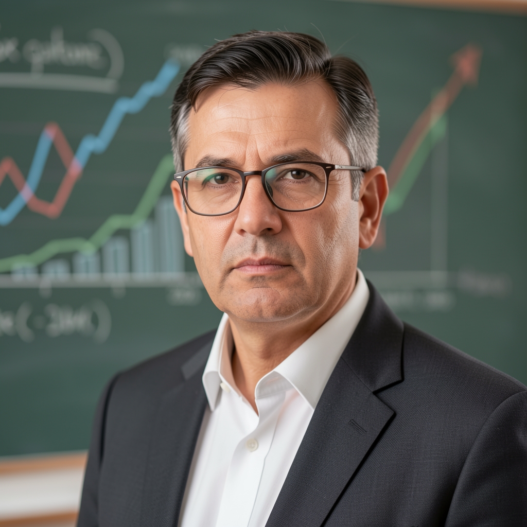 Retrato profesional de analista financiero argentino de edad media con lentes, expresión pensativa, fondo de pizarra con gráficos económicos