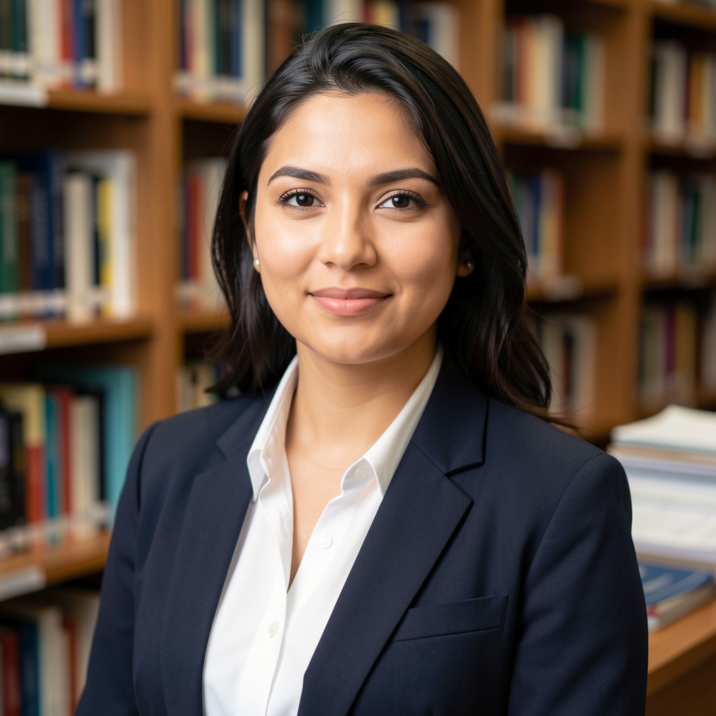 Retrato profesional de analista de mercados latinoamericanos, mujer joven con expresión segura, biblioteca académica con libros y documentos al fondo