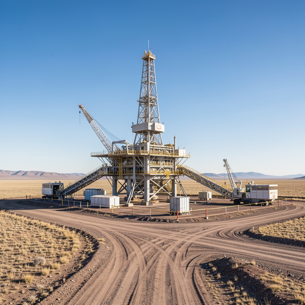 Plataforma de perforación de petróleo no convencional en la estepa patagónica neuquina, con maquinaria de fracking y caminos de acceso al yacimiento Vaca Muerta bajo cielo despejado